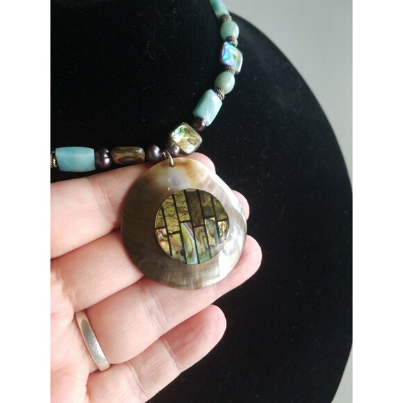 HAND MADE ABALONE PEARLS LIGHT BLUE STONE SILVER TONE NECKLACE 15" gorgeous - Picture 7 of 11